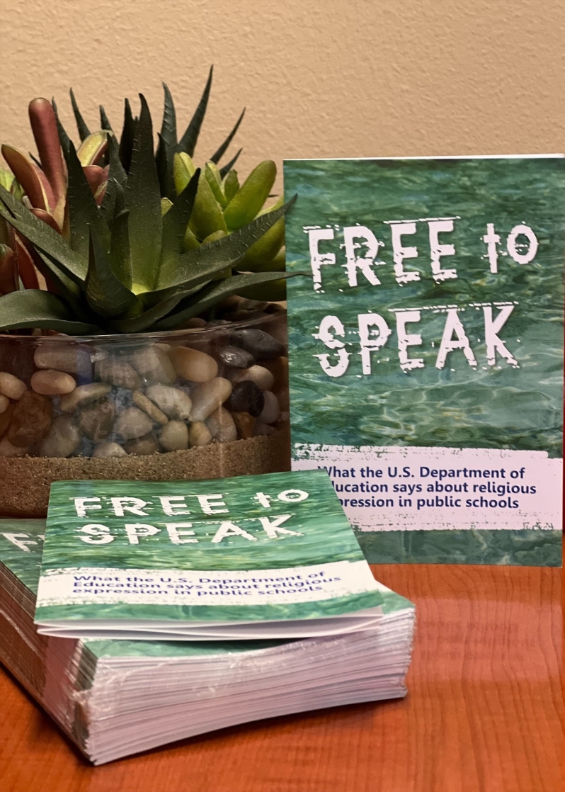 Product Description: You can promote greater clarity and freedom for students by distributing this powerful, pocket-sized pamphlet. There are 50 pamphlets in a packet.</br></br>Using quotes directly from the May 15, 2023 revisedU.S. Department of EducationGuidance, the pamphlet clarifies for parents, students, and educators the freedoms of religious expression on a public school campus.</br></br>Note: When determining "quantity" remember that pamphlets come bundled in sets of 50. Therefore, when ordering a quantity of 1, you will receive 1 set of 50 pamphlets. A quantity of 2 = 100 pamphlets, 3 = 150 pamphlets, etc.</br></br>Click HERE for information on our National Free to Speak Campaign.</br></br>BONUS: An attorney will send an informative letter to school officials for you.</br></br>With each order, as part of our Free to Speak campaign, the Alliance Defending Freedom has donated its time by offering to send a personalized, six-page letter to the school officials of your choice. It further clarifies students' and teachers' religious liberties citing Supreme Court cases. You can provide one name and address for each packet you order. Please email Info@gtbe.org and include the following information:</br></br>Requestor: </br></br>Your Name</br></br>Address</br></br>Phone Number</br></br>Email </br></br>(Your personal information will not be </br></br>shared or mentioned in the letter.)</br></br> ADF Letter Information: </br></br>Job Title</br></br>Prefix (Dr., Mr., Ms.)</br></br>Educator's Full Name</br></br>Name of Institution </br></br>(School or District Office)</br></br>Complete Address</br> Free to Speak Pamphlet- 50 ct.